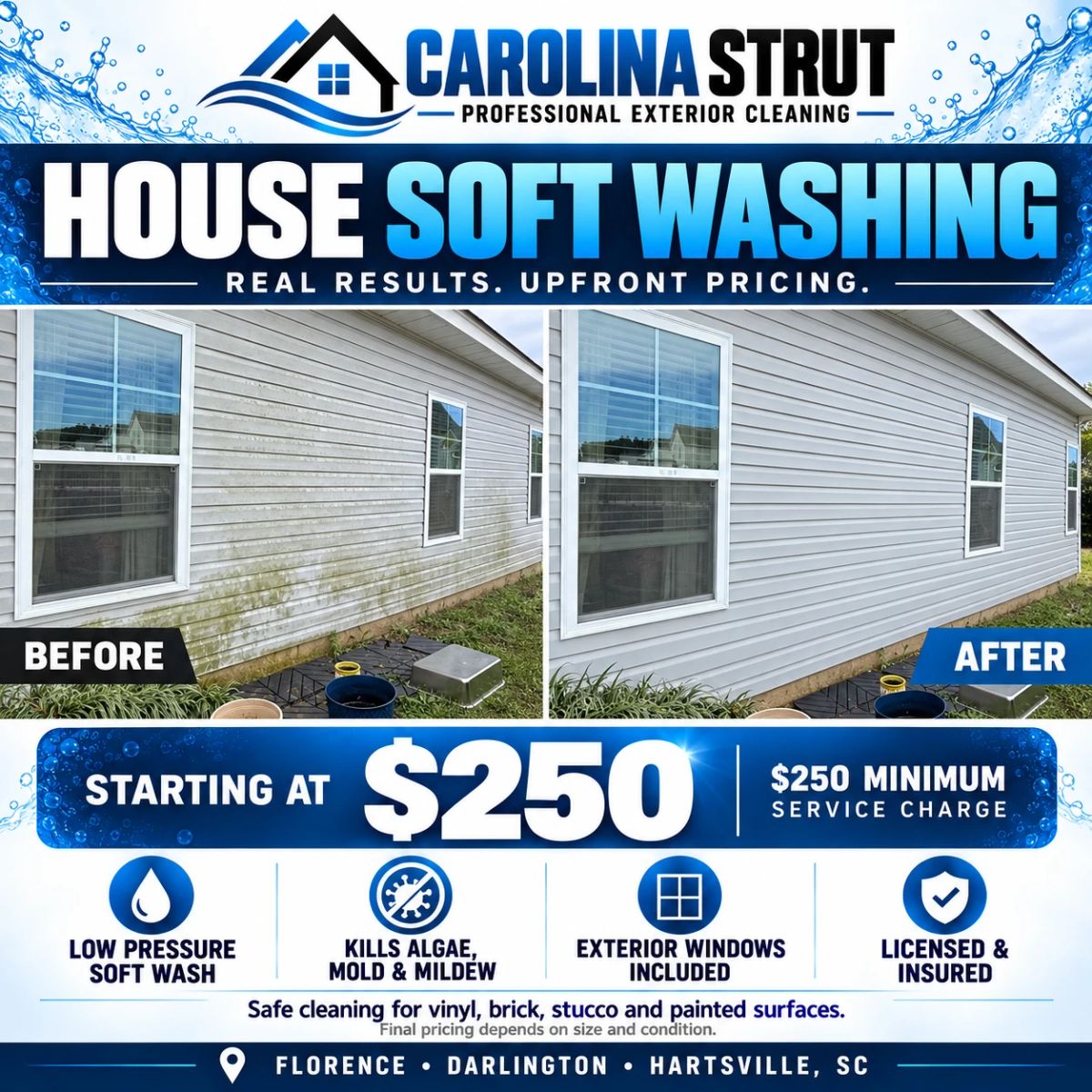 Side-by-side before and after photos of house siding showing green algae staining before soft washing and cleaner siding afterward.