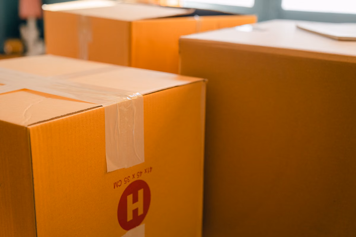 Cardboard moving boxes illustrating house and estate cleanouts (stock photo)